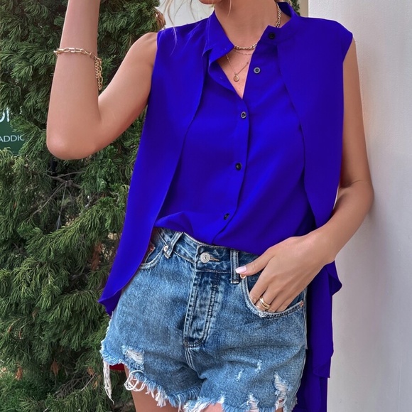 Boho Red Button up Layered Sleeveless Top Work Office - Picture 5 of 8